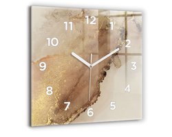 Wallfluent Wandklok - Beige moderne kunst Klok als Muurdecoratie - 60 cm x 60 cm - Bruin Wandklok - Witte Handen - Wandklok Met Cijfers - Wandklok Glas Woonkamer - Vierkante Glazen Wandklok - Scandinavisch Wandklok - Klok als Muurdecoratie