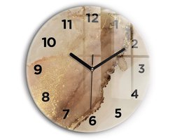 Wallfluent Wandklok - Beige moderne kunst Klok met Afbeelding - 60 cm x 60 cm - Bruin Wandklok - Zwarte Handen - Wandklok Met Cijfers - Stille Wandklok Slaapkamer - Ronde Glazen Klok - Minimalistisch Wandklok - Klok met Afbeelding