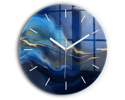 Wallfluent Wandklok - Blauwe marmer Decoratieve Wandklok - 60 cm x 60 cm - Blauw Wandklok - Witte Handen - Wandklok Zonder Cijfers - Stille Wandklok Slaapkamer - Ronde Glas Klok - Industrieel Wandklok - Stijlvolle Klok