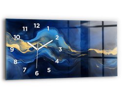 Wallfluent Wandklok - Blauwe marmer Klok als Muurdecoratie - 60 cm x 30 cm - Blauw Wandklok - Witte Handen - Wandklok Met Cijfers - Stille Wandklok Slaapkamer - Rechthoekige Glazen Wandklok - Scandinavisch Wandklok - Klok als Muurdecoratie