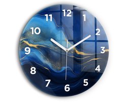 Wallfluent Wandklok - Blauwe marmer Klok met Print - 60 cm x 60 cm - Blauw Wandklok - Witte Handen - Wandklok Met Cijfers - Kinder Wandklok Glas - Ronde Glazen Klok - Scandinavisch Wandklok - Klok met Print