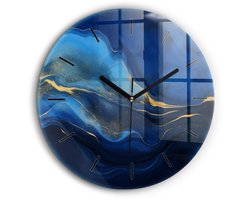 Wallfluent Wandklok - Blauwe marmer Stijlvolle Klok - 60 cm x 60 cm - Blauw Wandklok - Zwarte Handen - Wandklok Zonder Cijfers - Kinder Wandklok Glas - Ronde Glazen Wandklok - Scandinavisch Wandklok - Klok met Print
