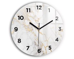 Wallfluent Wandklok - Decoratief marmer Klok als Muurdecoratie - 60 cm x 60 cm - Wit Wandklok - Zwarte Handen - Wandklok Met Cijfers - Stille Wandklok Slaapkamer - Ronde Glas Klok - Scandinavisch Wandklok - Klok als Muurdecoratie