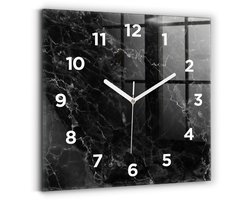 Wallfluent Wandklok - Donker marmer Decoratieve Wandklok - 30 cm x 30 cm - Zwart Wandklok - Witte Handen - Wandklok Met Cijfers - Wandklok voor in de Keuken - Vierkante Glas Klok - Minimalistisch Wandklok - Decoratieve Wandklok