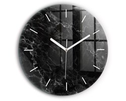 Wallfluent Wandklok - Donker marmer Klok als Muurdecoratie - 60 cm x 60 cm - Zwart Wandklok - Witte Handen - Wandklok Zonder Cijfers - Kinder Wandklok Glas - Ronde Glazen Wandklok - Minimalistisch Wandklok - Decoratieve Wandklok