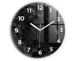 Wallfluent Wandklok - Donker marmer Klok met Afbeelding - 60 cm x 60 cm - Zwart Wandklok - Witte Handen - Wandklok Met Cijfers - Wandklok Glas Woonkamer - Ronde Glazen Wandklok - Minimalistisch Wandklok - Klok met Afbeelding