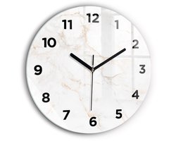 Wallfluent Wandklok - Elegant marmer Klok met Print - 60 cm x 60 cm - Wit Wandklok - Zwarte Handen - Wandklok Met Cijfers - Wandklok voor in de Keuken - Ronde Glas Klok - Scandinavisch Wandklok - Klok met Print