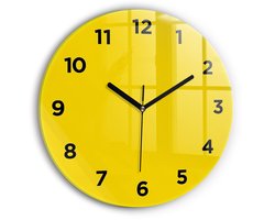 Wallfluent Wandklok - Geel Ronde Glazen Wandklok - 30 cm x 30 cm - Geel Wandklok - Zwarte Handen - Wandklok Met Cijfers - Stille Wandklok Slaapkamer - Ronde Glas Klok - Scandinavisch Wandklok - Ronde Glazen Klok