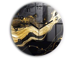 Wallfluent Wandklok - Gouden marmer Stijlvolle Klok - 60 cm x 60 cm - Gouden Wandklok - Zwarte Handen - Wandklok Met Cijfers - Wandklok Glas Woonkamer - Ronde Glazen Wandklok - Industrieel Wandklok - Stijlvolle Klok