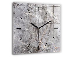 Wallfluent Wandklok - Grijs graniet marmer Klok met Print - 60 cm x 60 cm - Grijs Wandklok - Zwarte Handen - Wandklok Zonder Cijfers - Wandklok Glas Woonkamer - Vierkante Glas Klok - Minimalistisch Wandklok - Klok met Afbeelding