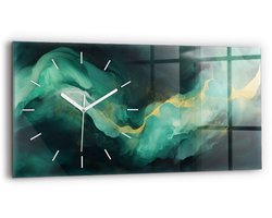 Wallfluent Wandklok - Groen marmer Klok met Print - 60 cm x 30 cm - Groente Wandklok - Witte Handen - Wandklok Zonder Cijfers - Wandklok Glas Woonkamer - Rechthoekige Glazen Wandklok - Minimalistisch Wandklok - Klok met Afbeelding