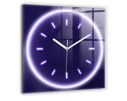Wallfluent Wandklok - Neonlijnen Klok met Afbeelding - 60 cm x 60 cm - Paars Wandklok - Witte Handen - Klok zonder getallen - Kinder Wandklok Glas - Unieke Wandklok - Minimalistische Klok - Klok als Muurdecoratie