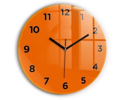 Wallfluent Wandklok - Oranje Ronde Glas Klok - 30 cm x 30 cm - Oranje Wandklok - Zwarte Handen - Wandklok Met Cijfers - Wandklok Glas Woonkamer - Ronde Glazen Klok - Minimalistisch Wandklok - Ronde Glazen Wandklok