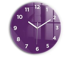 Wallfluent Wandklok - Paars Ronde Glazen Klok - 30 cm x 30 cm - Paars Wandklok - Witte Handen - Wandklok Met Cijfers - Kinder Wandklok Glas - Ronde Glazen Wandklok - Industrieel Wandklok - Ronde Glas Klok