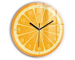 Wallfluent Wandklok - Sappige sinaasappel Klok met Print - 30 cm x 30 cm - Oranje Wandklok - Zwarte Handen - Wandklok zonder cijfers - Wandklok Glas Woonkamer - Unieke Wandklok - Minimalistische Klok - Unieke Wandklok