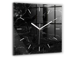 Wallfluent Wandklok - Zwart marmer Klok als Muurdecoratie - 60 cm x 60 cm - Zwart Wandklok - Witte Handen - Wandklok Zonder Cijfers - Wandklok voor in de Keuken - Vierkante Glazen Klok - Minimalistisch Wandklok - Decoratieve Wandklok