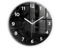 Wallfluent Wandklok - Zwart marmer Stijlvolle Klok - 60 cm x 60 cm - Zwart Wandklok - Witte Handen - Wandklok Met Cijfers - Wandklok Glas Woonkamer - Ronde Glas Klok - Industrieel Wandklok - Stijlvolle Klok