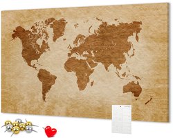 Wallfluent - Wereldkaart in ouderwetse stijl Prikbord - 140x100 cm - Bruin Kurk Bedrukken - Metalen Pinnen - Kurkbord Wanddecoratie - Kurk Prikbord Canvas