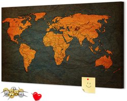 Wallfluent - Wereldkaart Prikbord - 60x40 cm - Veelkleurig Kurkbord - Metalen Pinnen - Kurkbord Wanddecoratie - Kurk Prikbord Canvas