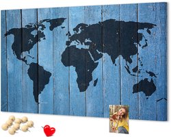 Wallfluent - Wereldkaart van het bord Prikbord - 100x70 cm - Blauw Memobord Van Kurk - Houten Pinnen - Kurkbord Met Print - Kurkbord Wanddecoratie