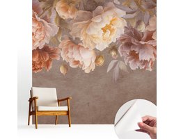 Wallfluent Zelfklevend Fotobehang - Bruin Vliesbehang - 250x250 cm - Bloemige Elegantie Behang Zonder Lijm - Slaapkamer behang Bloemen En Planten - Luchtbelvrij Behang - Polyester Behang