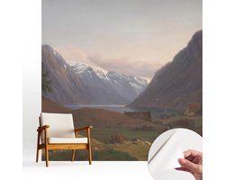 Wallfluent Zelfklevend Fotobehang - Wit Vliesbehang - 250x250 cm - Bergpanorama Fotobehang - Woonkamer behang Landschappen - Polyester Behang - Luchtbelvrij Behang
