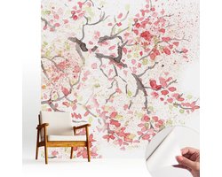 Wallfluent Zelfklevend Fotobehang - Wit Vliesbehang - 250x250 cm - Bloeiende Takken Behang Zonder Lijm - Gang behang Bloemen En Planten - Makkelijk Aan Te Brengen Behang - Bubble Free Behang