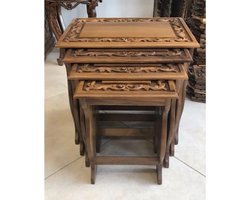 Walnut Carved bijzettafel Set van 4 bijzettafels, koffietafel, bijzettafel,Handborduurwerk, 53 x 39 x 52 cm-