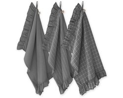 Walra Keukenset Lovely Linen Ruffles - 3x 50x70 - 50% Katoen (BCI) / 50% Linnen - Antraciet