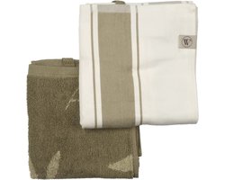 Walra Keukentextiel - Olive Leaves Olijfgroen - 1x 50x50 & 1x 50x70 - 100% Katoen