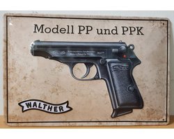 Walther pp und ppk Reclamebord van metaal 30 x 20 cm GEBOLD BORD MET RELIEF METALEN-WANDBORD - MUURPLAAT - VINTAGE - RETRO - HORECA- WANDDECORATIE -TEKSTBORD - DECORATIEBORD - RECLAMEPLAAT - WANDPLAAT - NOSTALGIE -CAFE- BAR -MANCAVE- KROEG- MAN CAVE