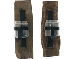 Wand kandelaar Wall candleholder glass on wood+/- 13 H45cm