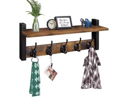 Wand kapstok met plank - 10 haken - Hangend - Kapstokken - Kleer - Kleding - Hangers - Vintage - Muur - Industrieel - Hout - Garde robe - Zwart - Luft