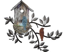 Wand Metaal Decoratie Buitenkunst Ophangende Metalen Bomen Met Vogelhuis Decoratie Hangers Voor Woonkamer Bladeren Wanddecoratie Binnenlandse Buitentuin Decoratie Hangers