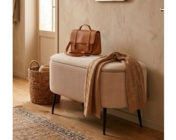 Wand Opbergbank Poef LIVORA - Beige Velvet – 100 x 40 x 53 cm – Bankje met Opbergruimte – Ribstof Look – Metalen Poten