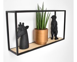 Wand rek modern zwart staal - 62cm breed x 30cm hoog x 12cm diep - Wandrek keuken en woonkamer zwart met hout - wandplank Soto rechthoekig - Wandschappen design metaal