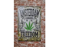 Wandbord - Amsterdam Canabis - Mancave - Tekst bord - Mancave decoratie - Metalen wandbord - Wand Decoratie - Metalen bord - Metalen borden - Decoratie - 20 x 30 cm - Metal sign - Wandborden - Cave & Garden