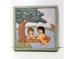 Wandbord - Goebel - N+M - 21cm x 21cm - Kinderen in bootje.