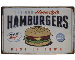 Wandbord – Hamburger – Best in town - Vintage - Retro -  Wanddecoratie – Reclame bord – Restaurant – Kroeg - Bar – Cafe - Horeca – Metal Sign - 20x30cm