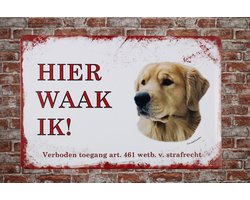 Wandbord - Hier waak ik Golden Retriever - Metalen wandbord - Mancave - Mancave decoratie - Metalen borden – Honden - Metal sign - Bar decoratie - Tekst bord - Wandborden - Wand Decoratie - Metalen
