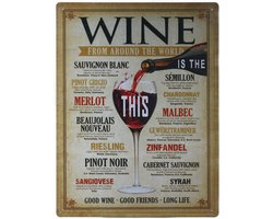 Wandbord – Wine from around the world – Wijn - Vintage - Retro - Wanddecoratie – Reclame bord – Restaurant – Kroeg - Bar – Cafe - Horeca – Metal Sign - 30x40cm