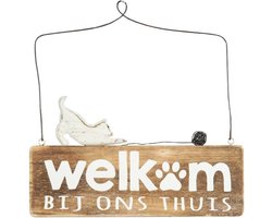 Wandborden Hout Spreukborden Houten “Welkom bij ons thuis”  Bord Kat Woondecoratie Cadeau Verjaardag