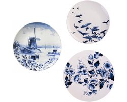 Wandborden - set van 3 - incl. ophangsysteem - Delfts blauw keramiek - Molen - Vogels - typisch Nederlands - sierbord - wanddecoratie - muurdecoratie - Holland souvenir