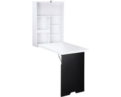 Wandbureau, inklapbaar tafelblad, 5 vakken, 60x94,5x147 cm, zwart/wit