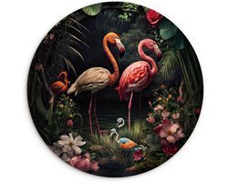Wandcirkel natuur - Jungle - Flamingo - Tropisch - Bloemen - Muurcirkel - Ronde schilderijen - Wanddecoratie cirkel - 60x60 cm - Kamer decoratie - Schilderij rond