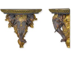 Wandconsole Olifantenhoofd – Polyresin (resin/kunststeen) – Luxe goud & antraciet decoratieve muurplank – Oosterse/Boho Jungle muurdecoratie – Handgemaakte look – 32,3 cm breed – Sierplank voor hal, woonkamer & slaapkamer