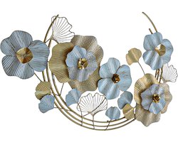 Wanddecoratie | Elegante Bloemen Metalen Muurkunst Decoratie | Metaal | 63.5 x 111.7 CM | Wanddecoratie met 3D | wandbord | | wandversiering | Blauw & Goud muurdecoratie