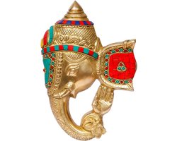 Wanddecoratie Ganesha - Beeldje God - Entree Decoratie - Handgemaakt Messing - Hoogte 30cm - Multicolor