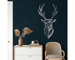 Wanddecoratie |Geometric Deer Head   decor | Metal - Wall Art | Muurdecoratie | Woonkamer |Zilver| 46x75cm