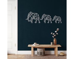 Wanddecoratie | Geometrische Olifantenfamilie   / Geometric Elephant Family | Metal - Wall Art | Muurdecoratie | Woonkamer |Zilver| 90x30cm